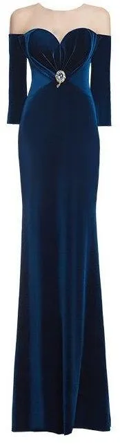 Long Blue Embellished Velvet Gown