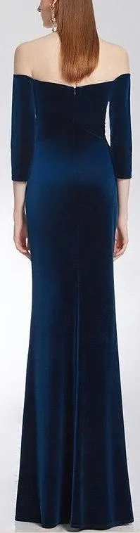 Long Blue Embellished Velvet Gown