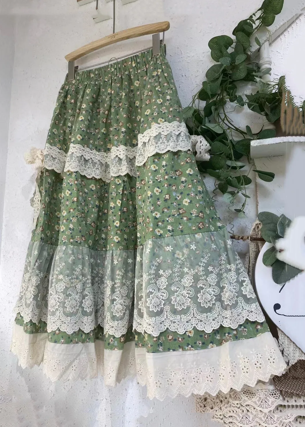 Loose Green Print Lace Elastic Waist Patchwork Skirts Summer GH1002