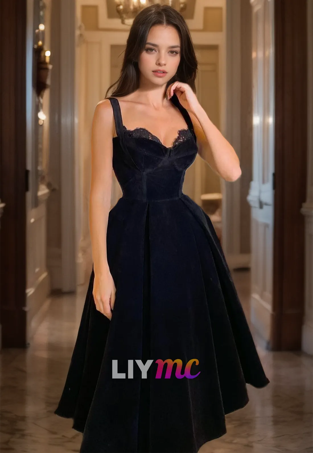 LP306 - A-Line Tea Length Sweetheart Lace Velvet Prom Formal Evening Dress