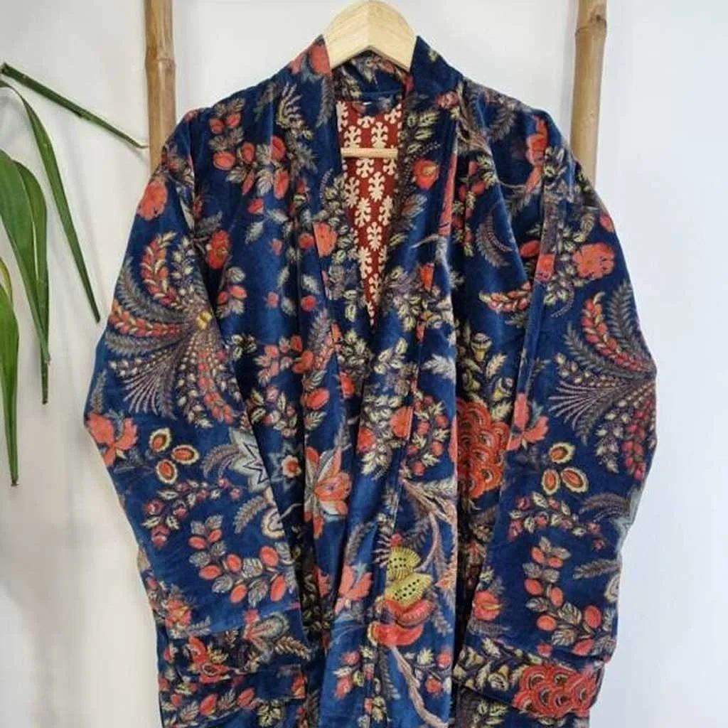 Luxury Velvet Long Robe Dressing Gown/Kimono With Silk Lining in Royal Blue