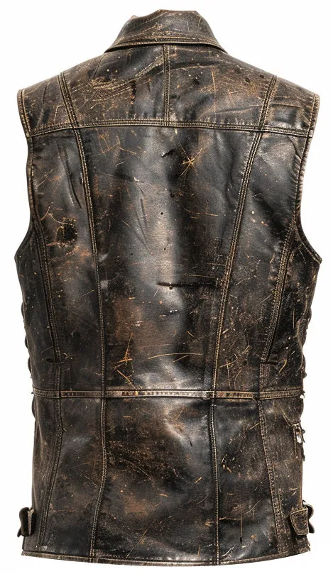 Men Strap Pockets Distressed Brown Leather Vest