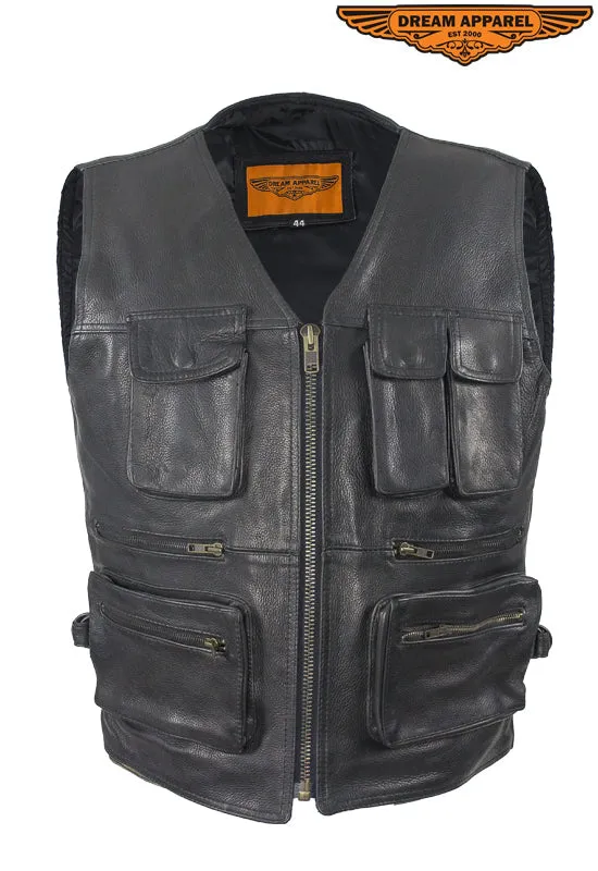 Mens Leather Cargo Vest With 9 Pockets