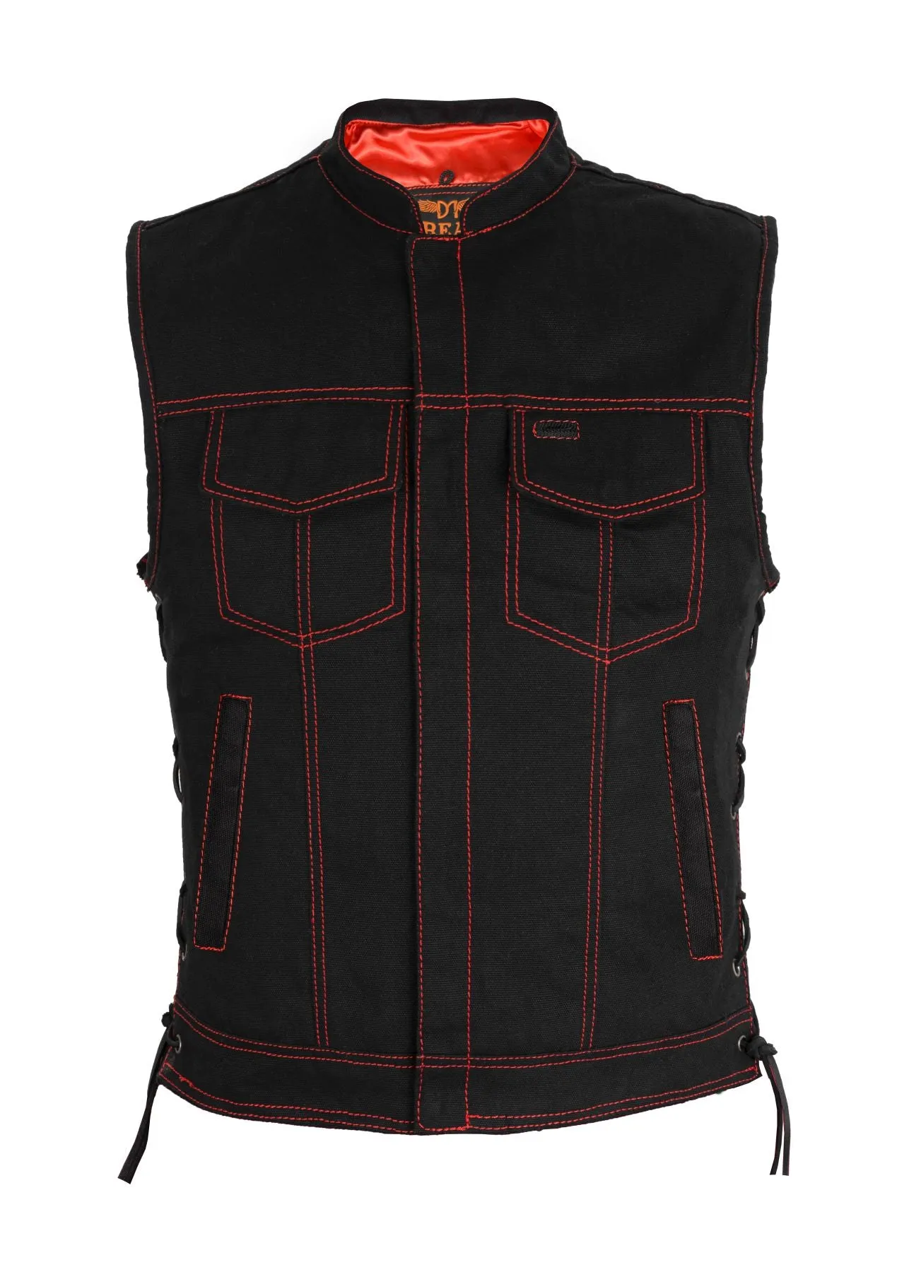 Mens SOA Style Motorcycle Club Vest® Black Denim Conceal Gun Pockets Side Laces Red Thread Red Liner