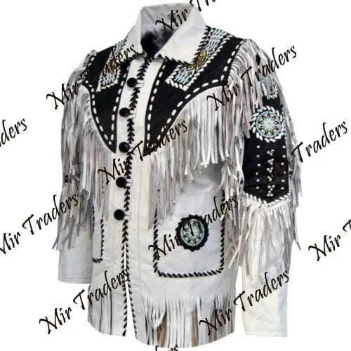 Men's White Black Suede Western Fringe Jacket Cow Hide Stylish Suede Jacket