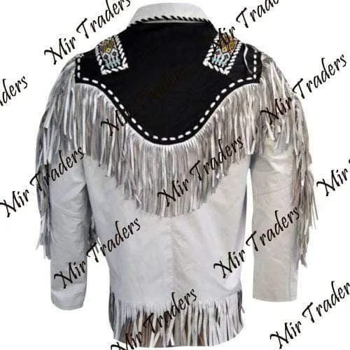 Men's White Black Suede Western Fringe Jacket Cow Hide Stylish Suede Jacket