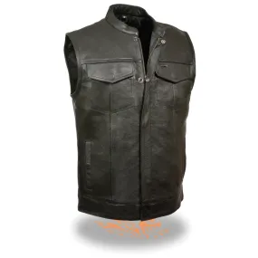 Milwaukee Leather LKM3710 Men's Black Leather Club Style Motorcycle Rider Vest W/ Dual Closure Zipper and Snaps