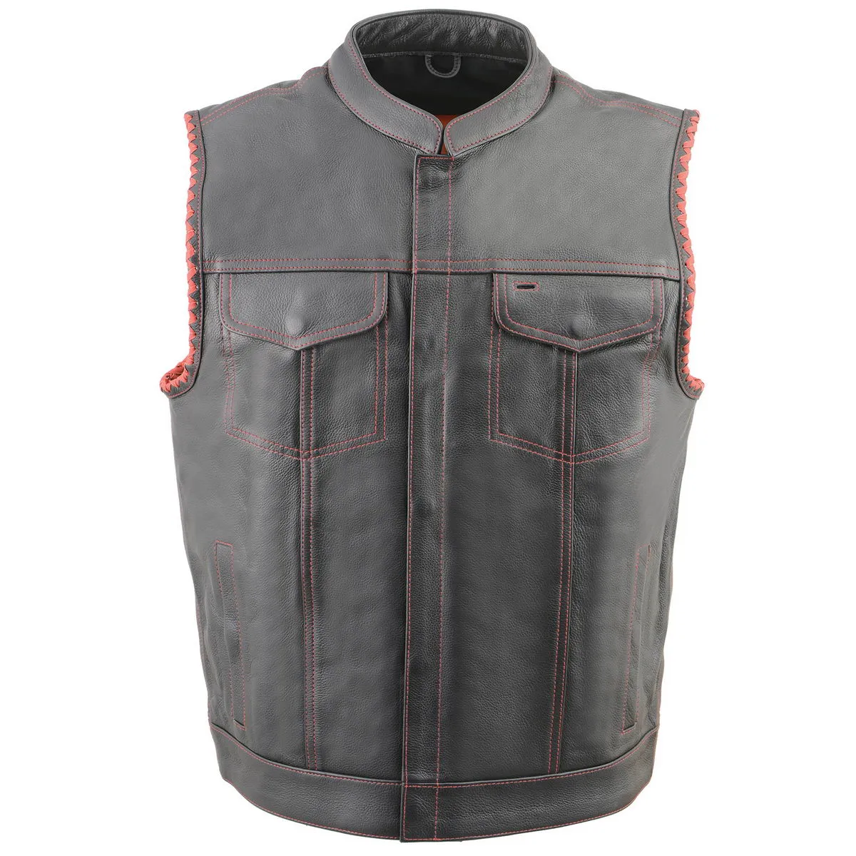 Milwaukee Leather MLM3506 Men's Black Naked Leather Vest - Old Glory Laced Armholes Red Stitching Club Style Vest