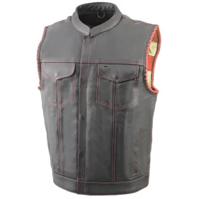 Milwaukee Leather MLM3506 Men's Black Naked Leather Vest - Old Glory Laced Armholes Red Stitching Club Style Vest