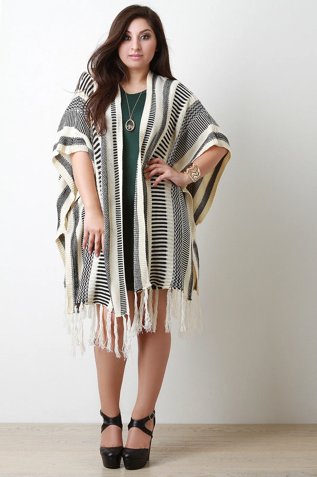 Mixed Stripe Knit Fringe Cardigan