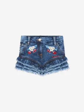 Monnalisa Girls Embroidered Cherry Denim Shorts In Blue