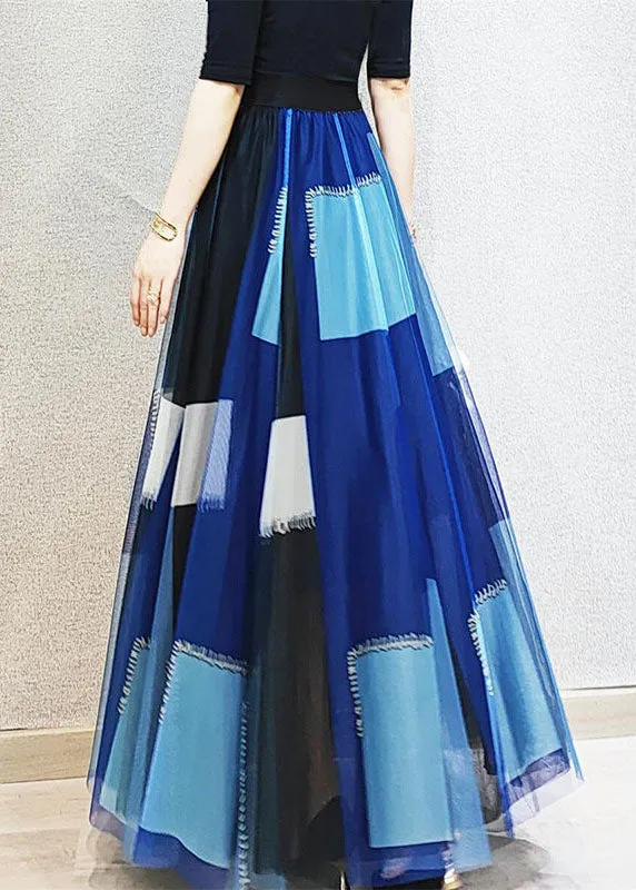 Natural Blue Wrinkled Patchwork Tulle Skirts Spring