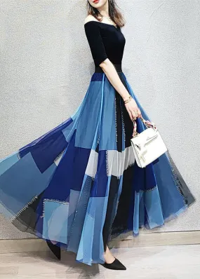 Natural Blue Wrinkled Patchwork Tulle Skirts Spring