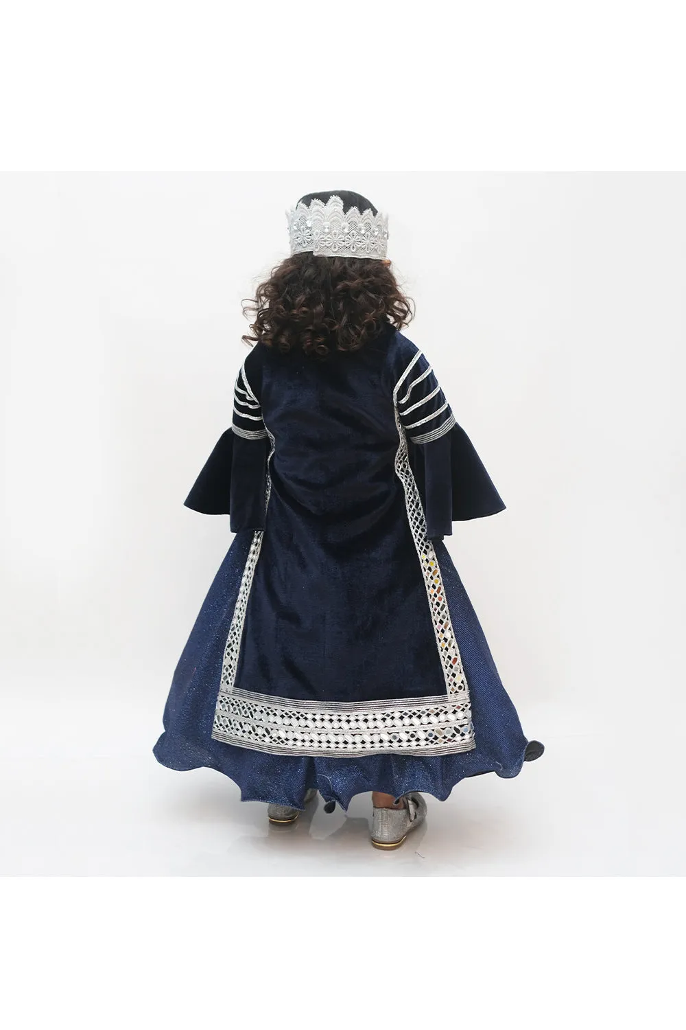 Navy blue velvet mirror work long jacket with gown