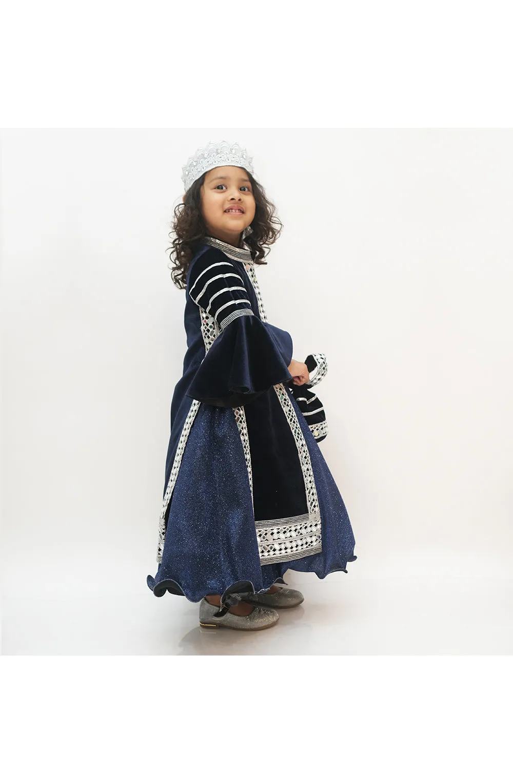 Navy blue velvet mirror work long jacket with gown