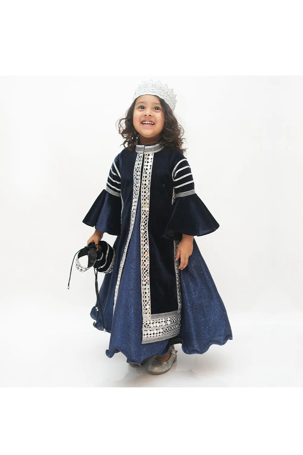 Navy blue velvet mirror work long jacket with gown