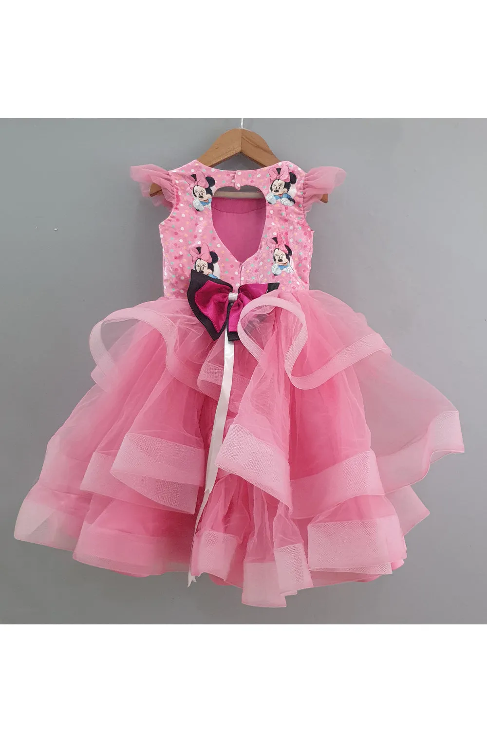 Pink minnie mouse printed three layered gown and a head band