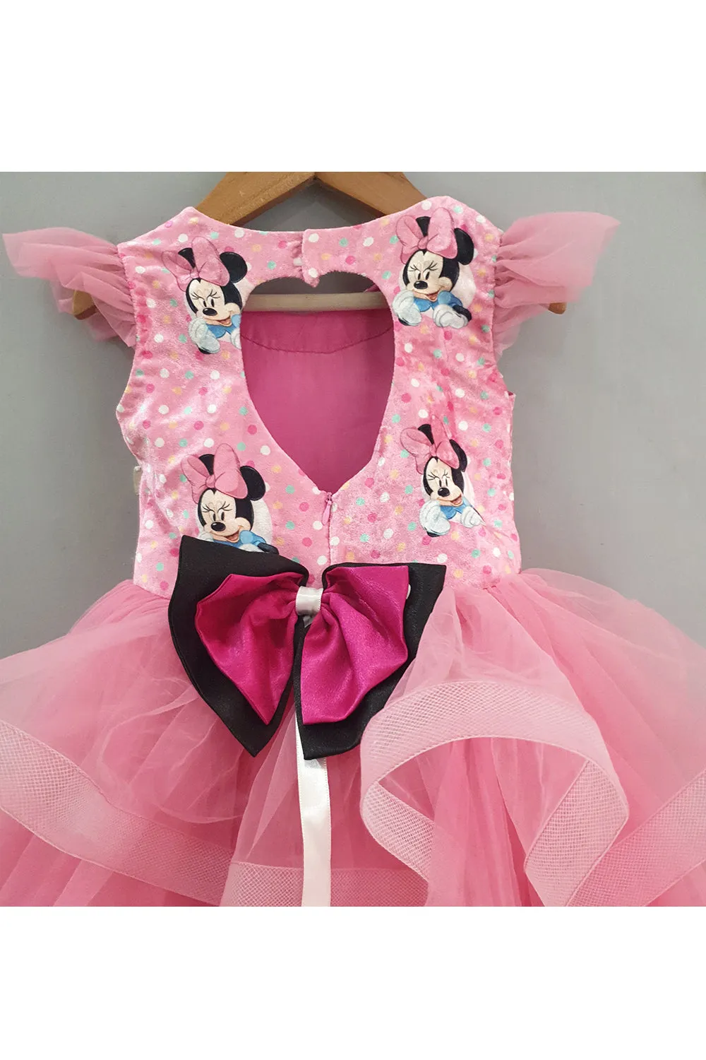 Pink minnie mouse printed three layered gown and a head band