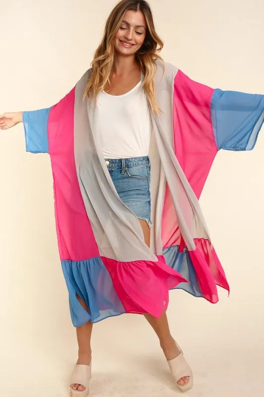 PLUS COLOR BLOCK KIMONO MAXI OPEN CARDIGAN