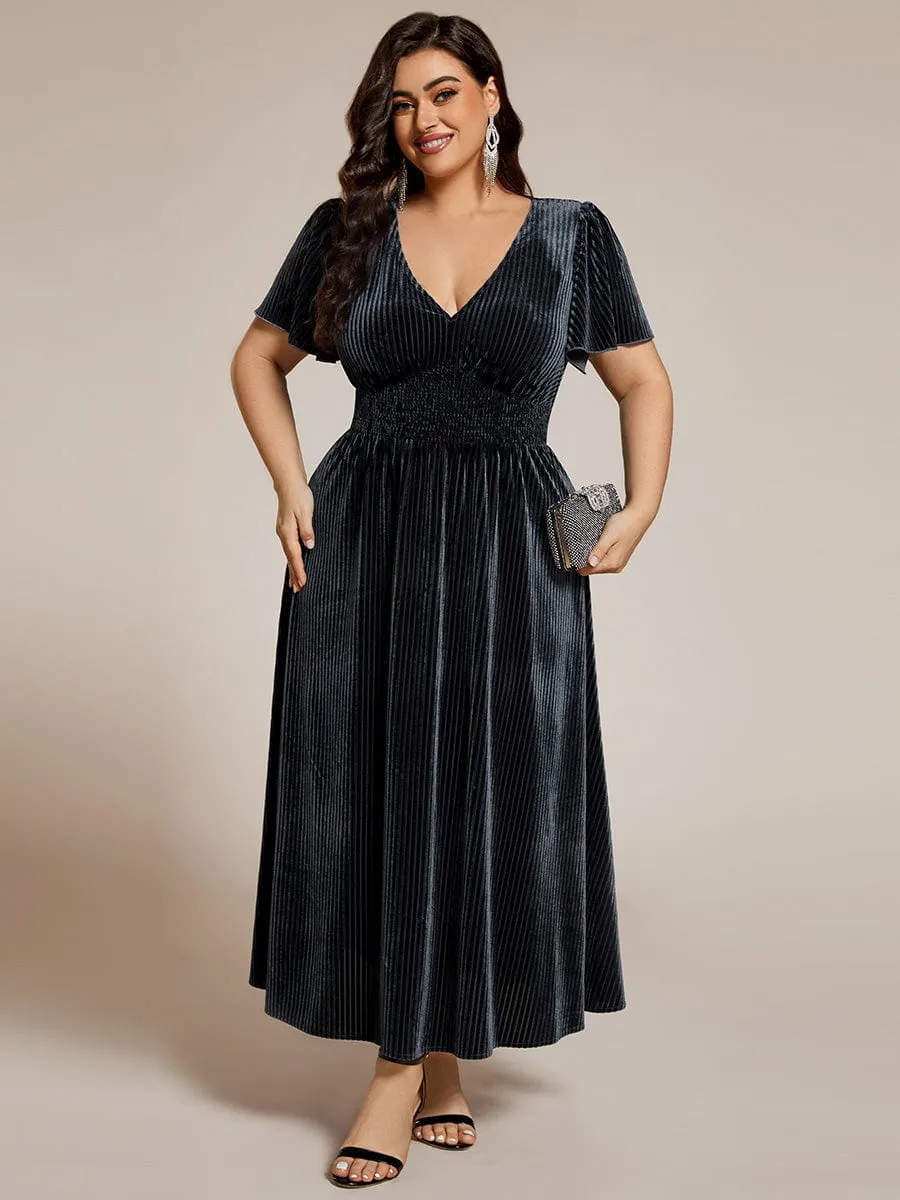 Plus Size A-line V-Neck Short Sleeve Pleated Velvet Fall Wedding Guest Dress