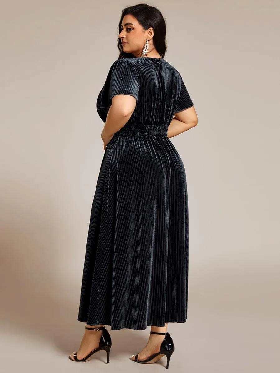 Plus Size A-line V-Neck Short Sleeve Pleated Velvet Fall Wedding Guest Dress