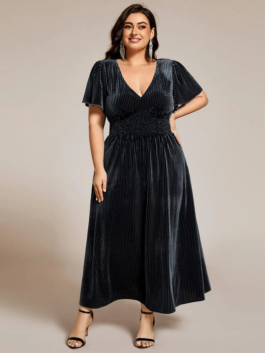 Plus Size A-line V-Neck Short Sleeve Pleated Velvet Fall Wedding Guest Dress