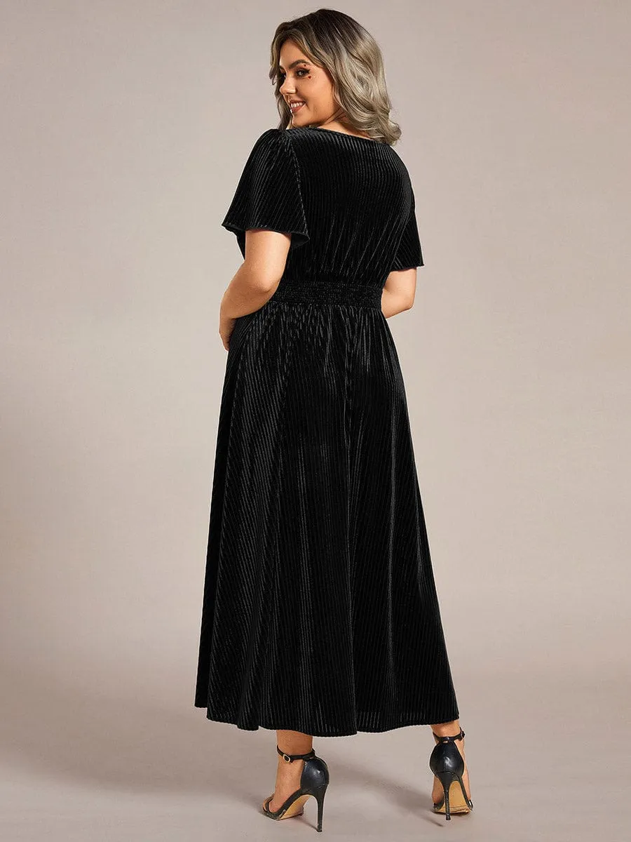 Plus Size A-line V-Neck Short Sleeve Pleated Velvet Fall Wedding Guest Dress