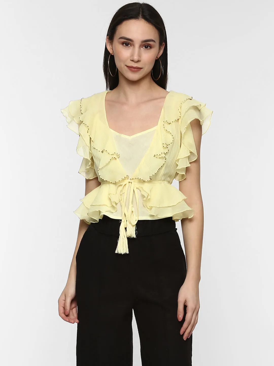 Porsorte Women Yellow Chiffon Shrug Top Without Lining