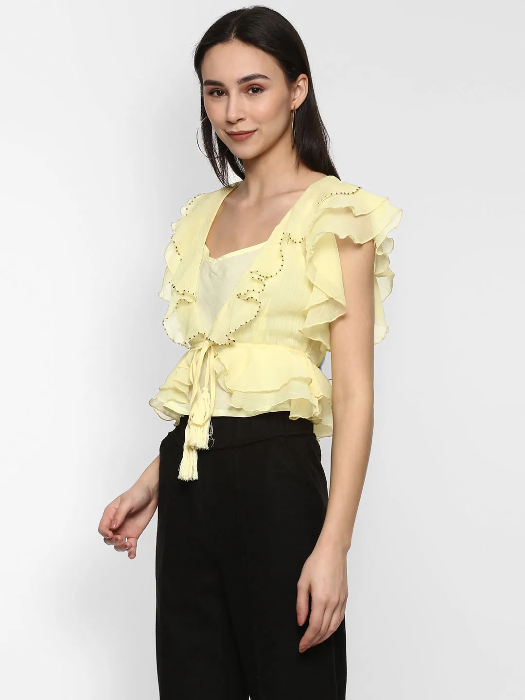 Porsorte Women Yellow Chiffon Shrug Top Without Lining