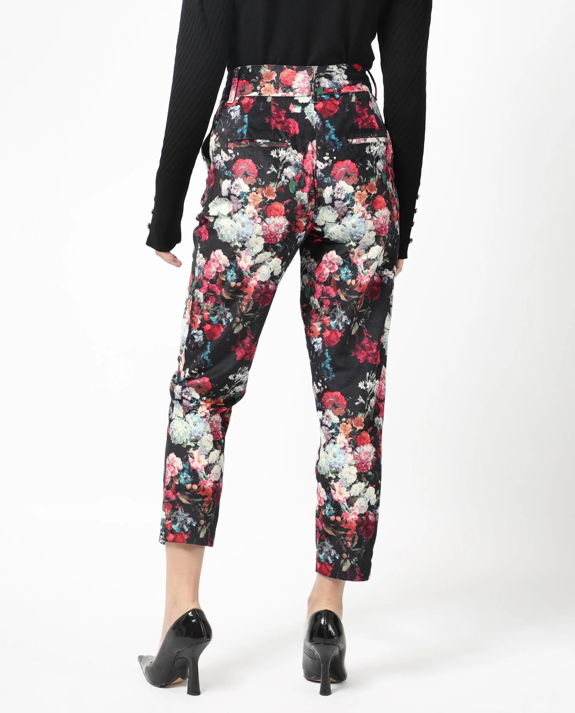 Rareism Women Bellot Black Velvet Fabric Hook And Eye Slim Fit Floral Print Ankle Length Trousers