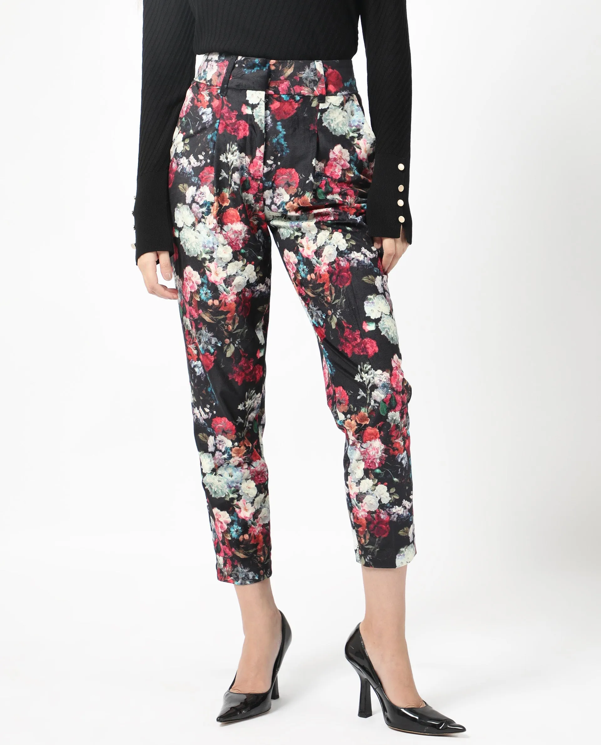 Rareism Women Bellot Black Velvet Fabric Hook And Eye Slim Fit Floral Print Ankle Length Trousers