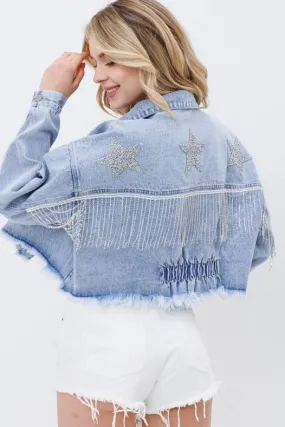 Star Rhinestone Fringe Back Elastic Denim Jacket  Denim