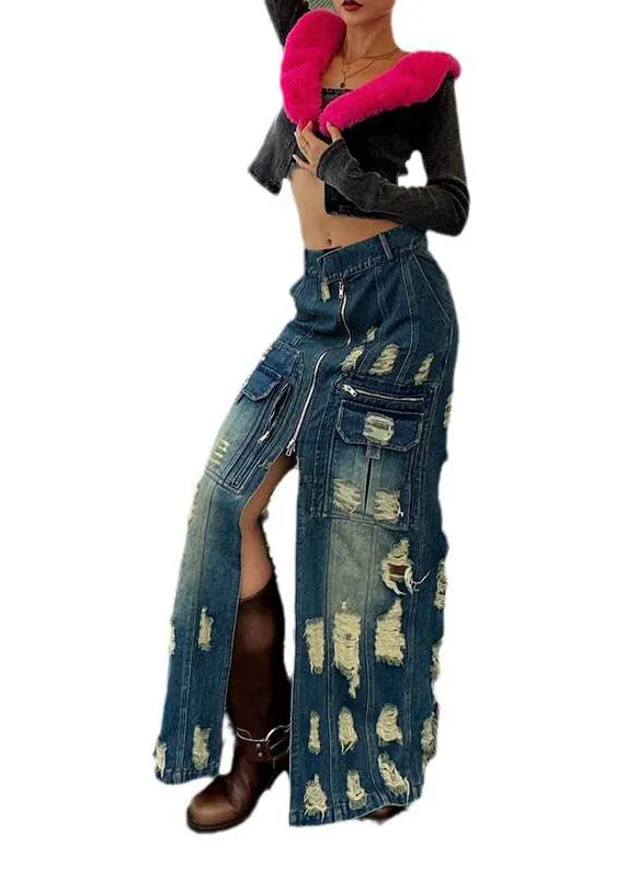 Stylish Blue Zip Up Patchwork Ripped Denim Skirts Spring QQ1063