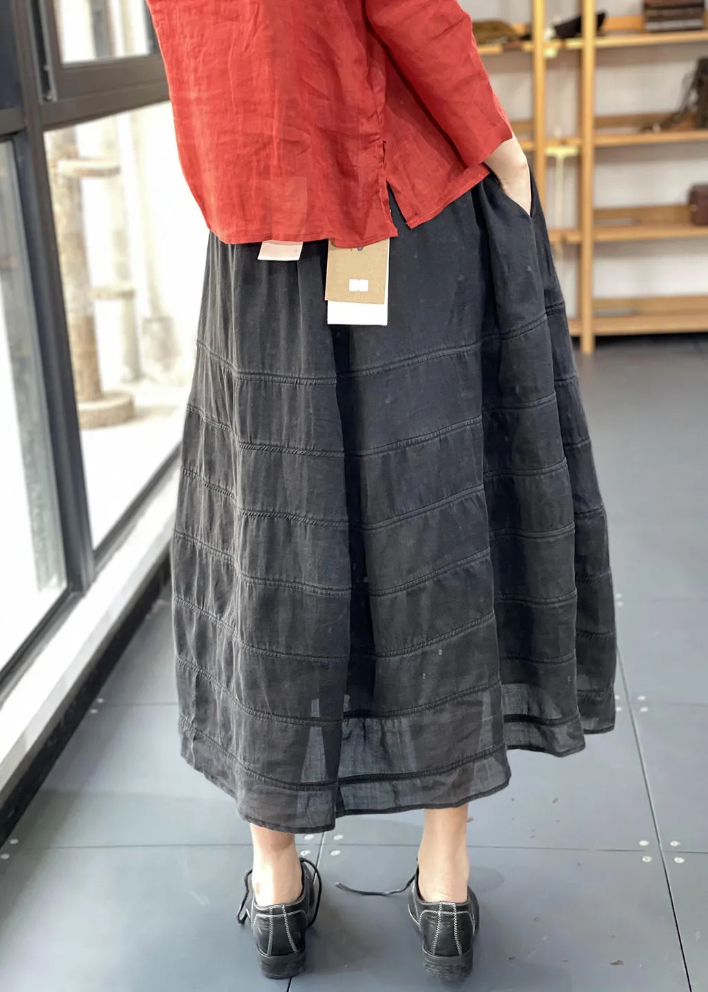 Unique Black Striped Patchwork Elastic Waist Maxi Skirts UU035