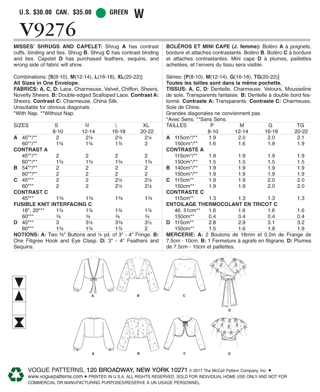 V9276 Misses' Reversible Shrugs and Capelet  (size: S-M-L-XL)