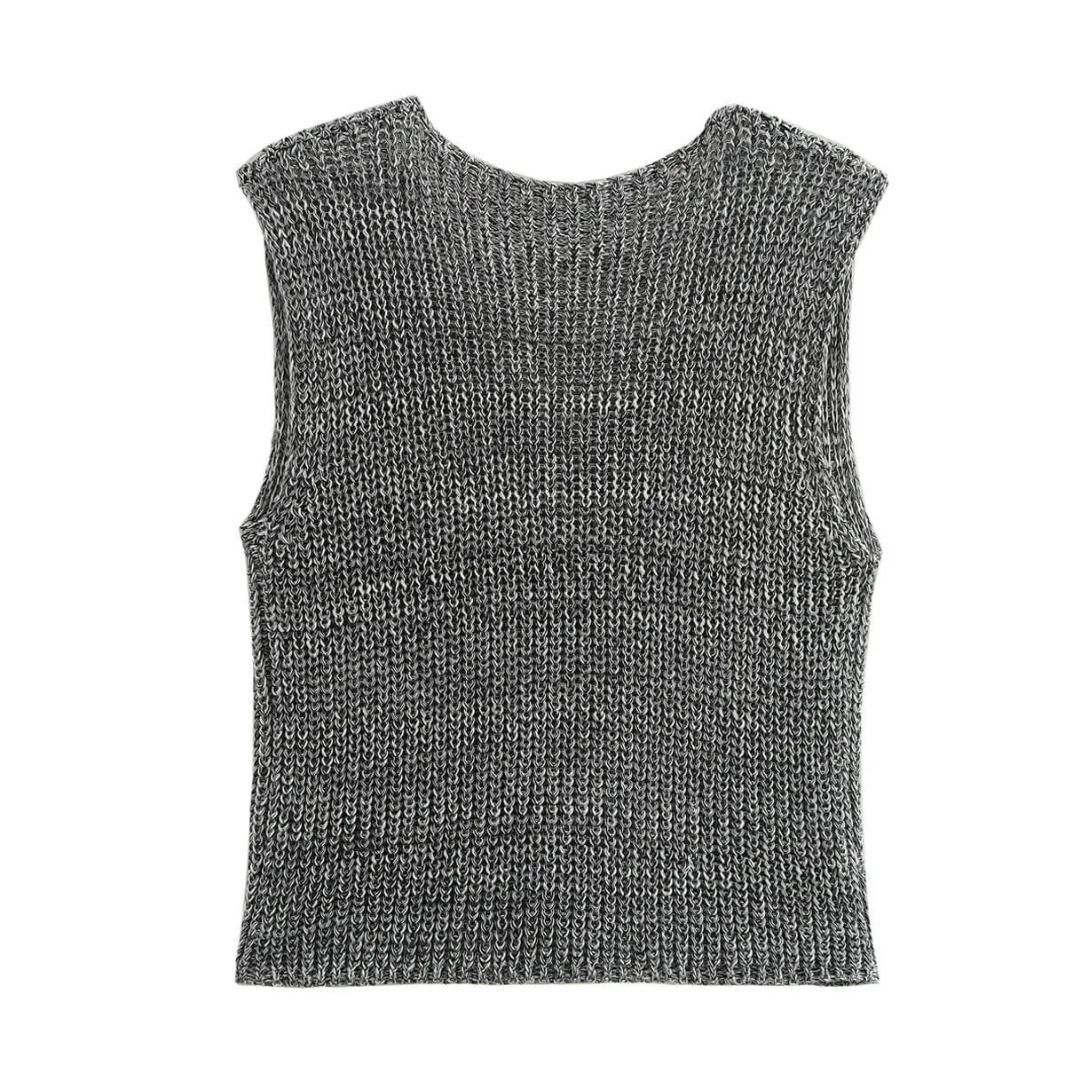 Vintage Style V Neck Button Down Cropped Texture Marl Knit Vest