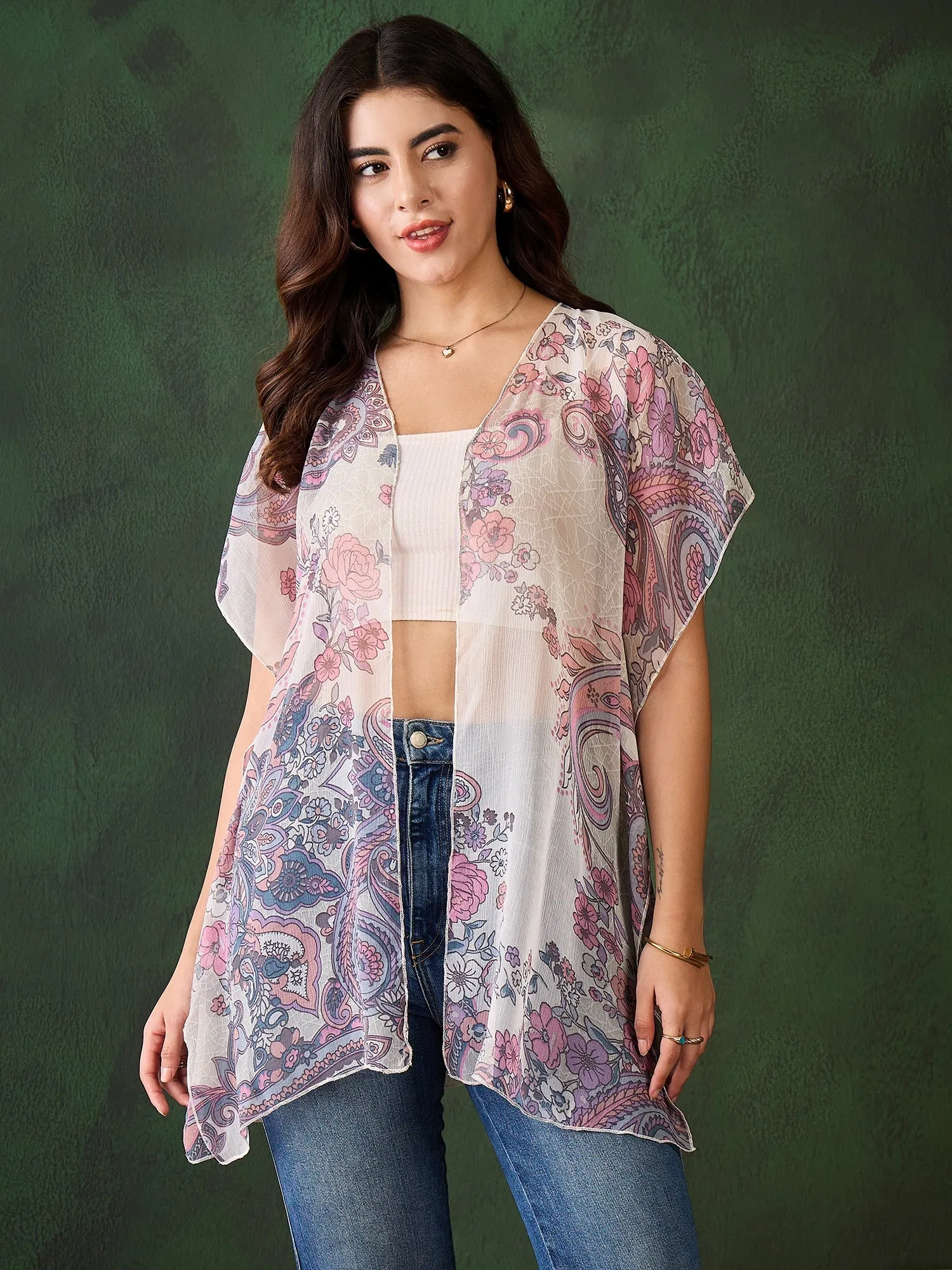 White & Purple Chiffon Printed Shrug