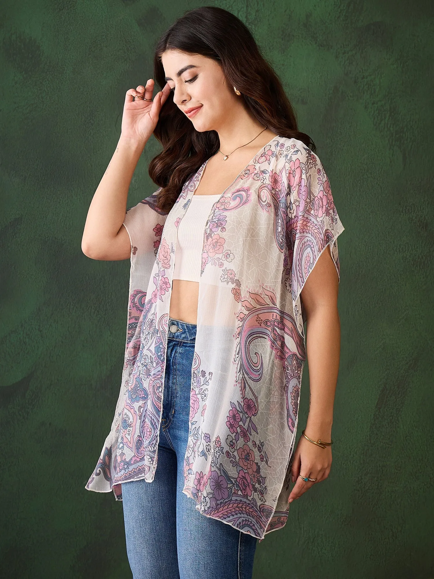 White & Purple Chiffon Printed Shrug