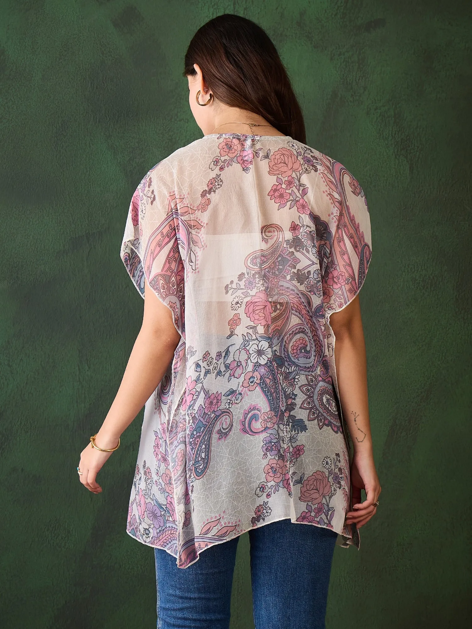 White & Purple Chiffon Printed Shrug