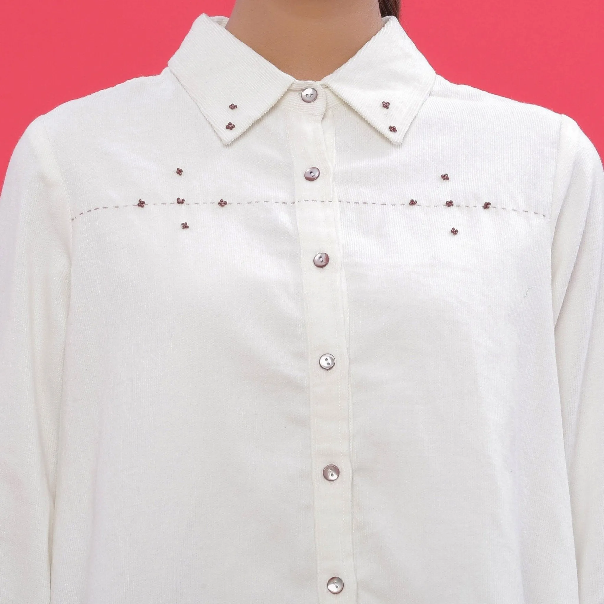 White Warm Cotton Corduroy Hand-Beaded Shirt