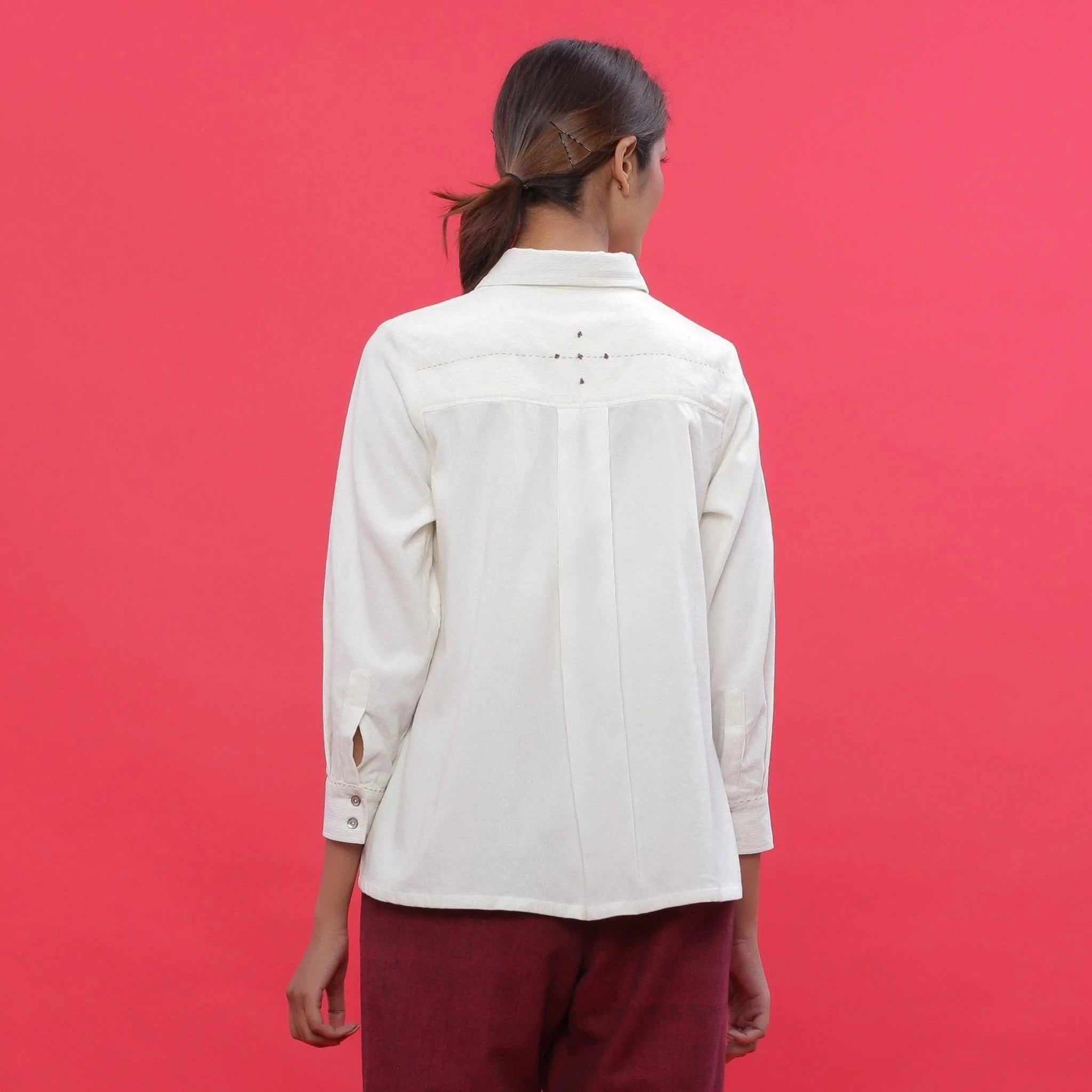 White Warm Cotton Corduroy Hand-Beaded Shirt