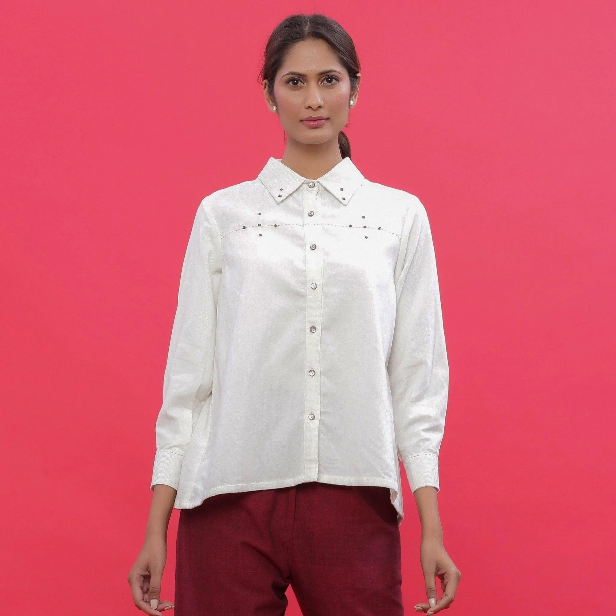 White Warm Cotton Corduroy Hand-Beaded Shirt