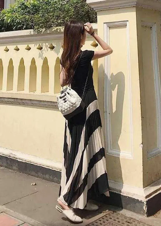 Women Black Wrinkled Patchwork Chiffon Skirts Spring