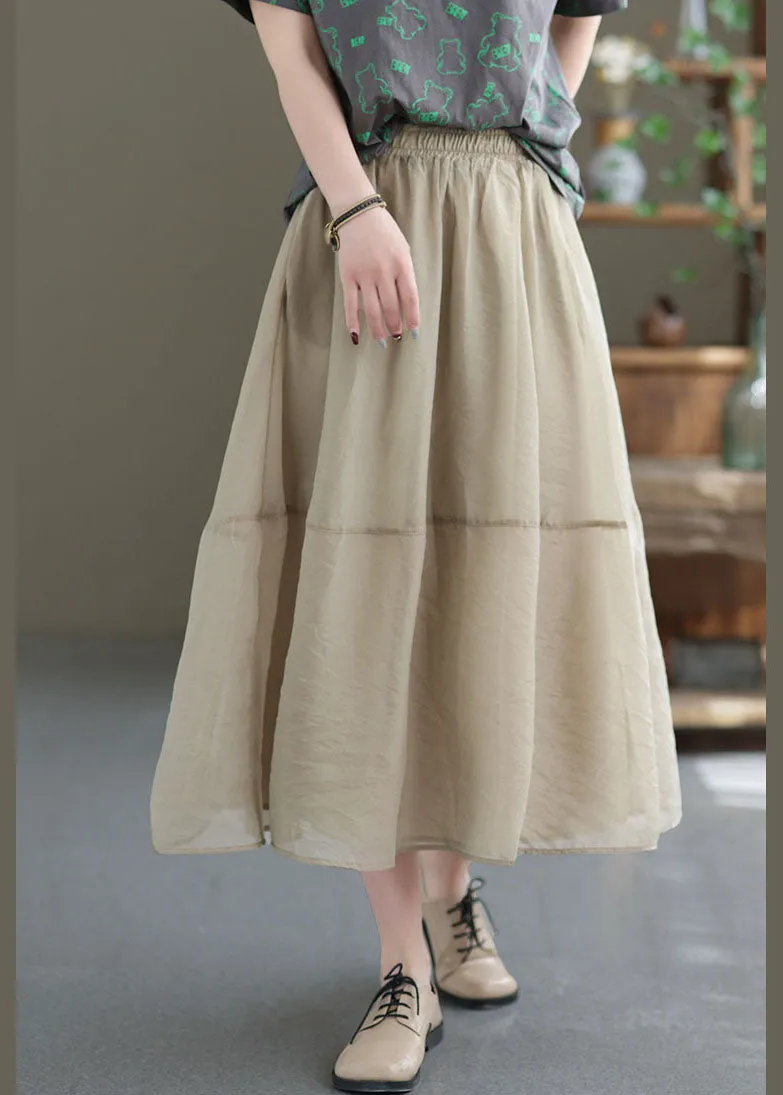 Women Khaki Elastic Waist Patchwork Organza Skirts Spring TG1063