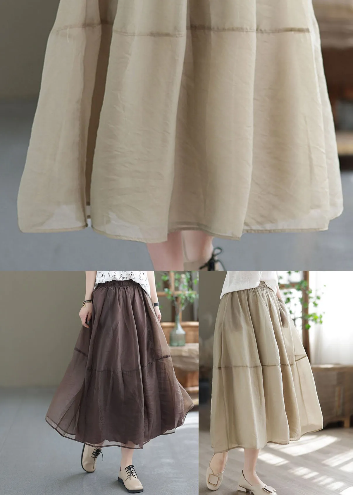 Women Khaki Elastic Waist Patchwork Organza Skirts Spring TG1063