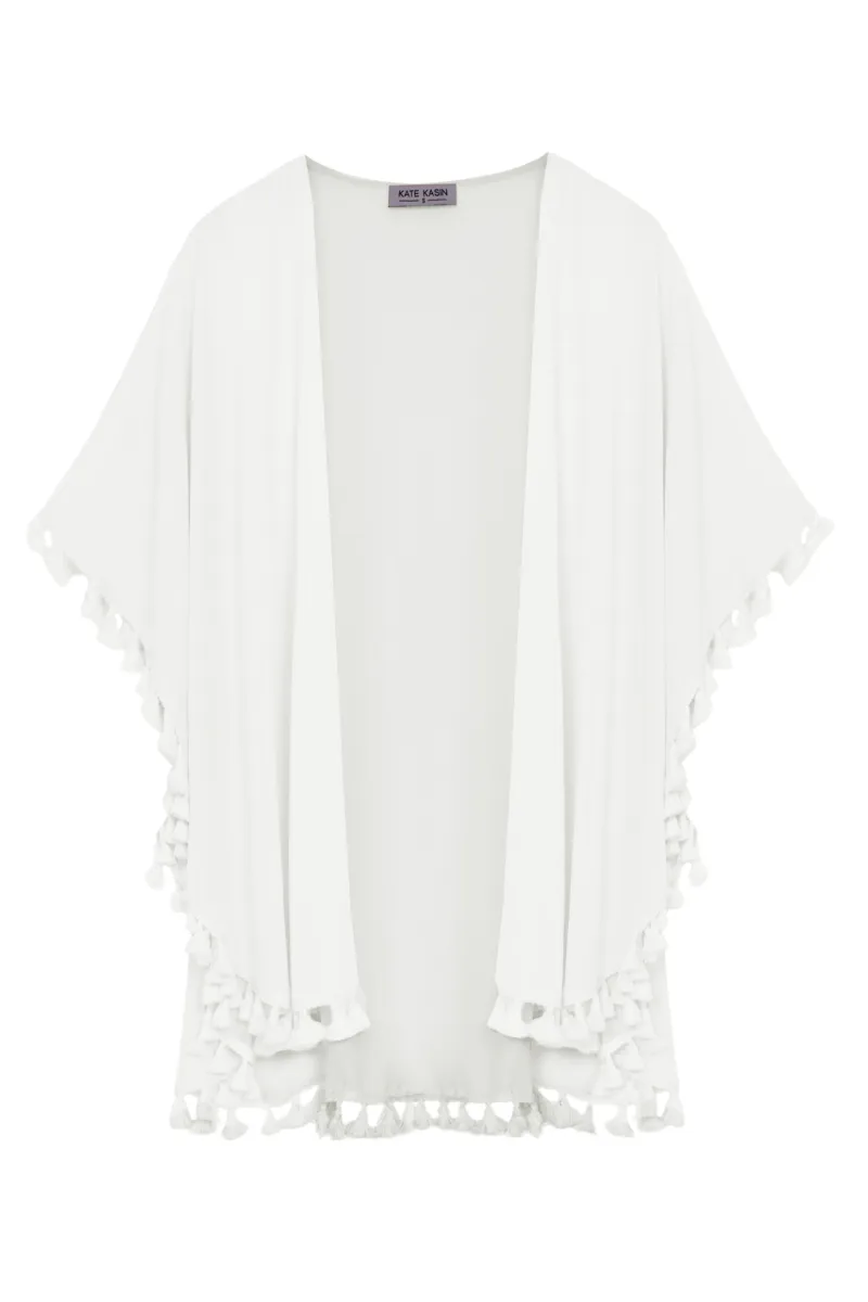 Women Semi See-Through Chiffon Cover-up 3/4 Sleeve Tassel Decorated Tops