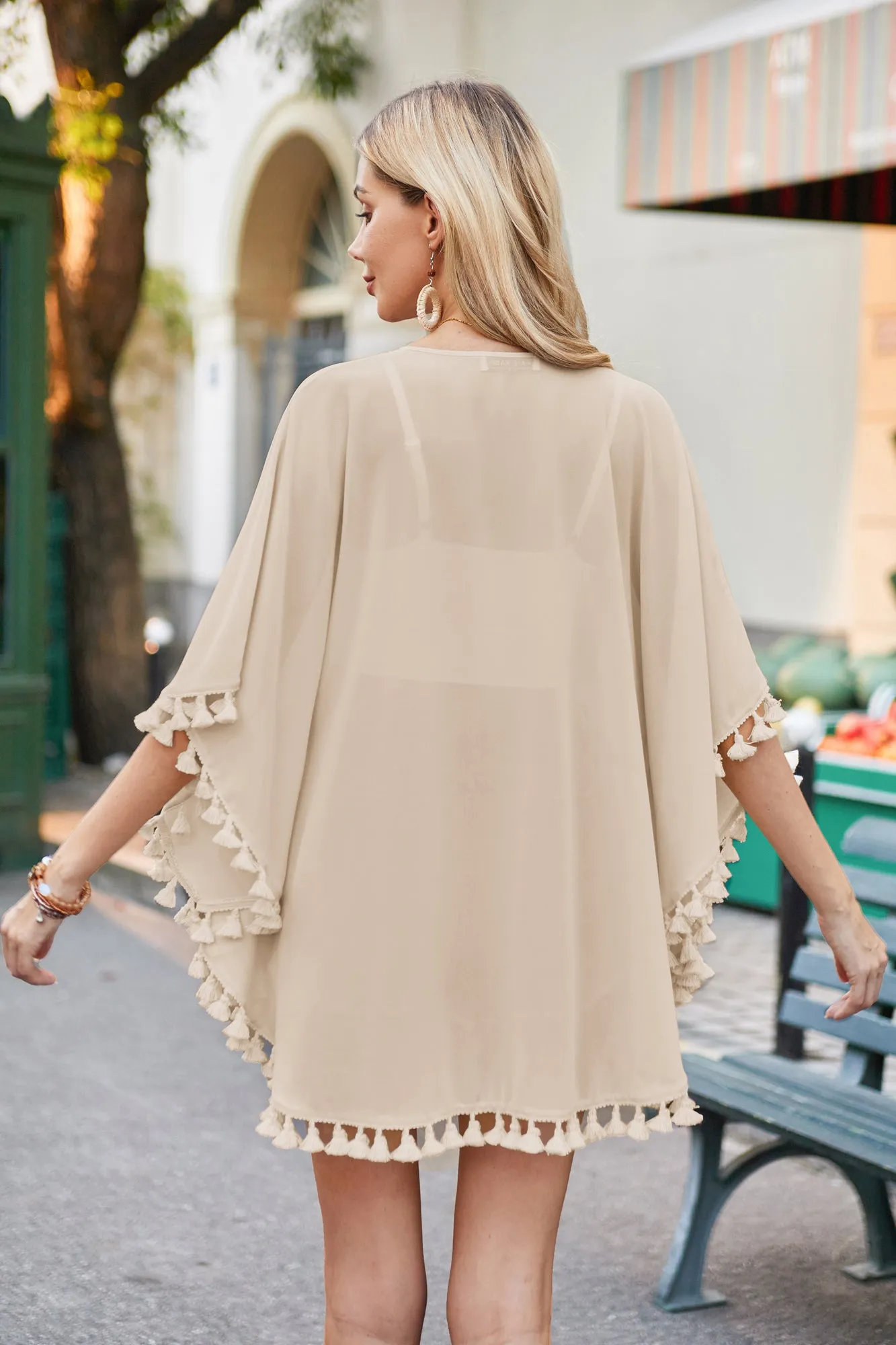 Women Semi See-Through Chiffon Cover-up 3/4 Sleeve Tassel Decorated Tops