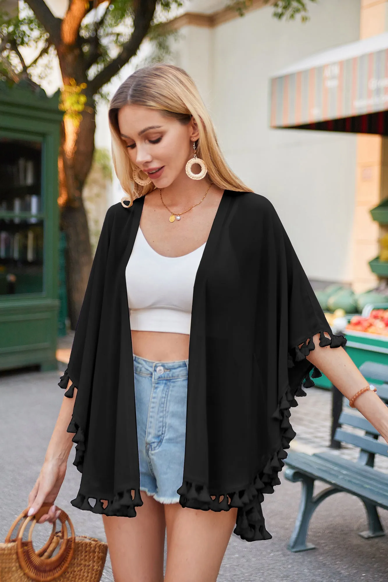 Women Semi See-Through Chiffon Cover-up 3/4 Sleeve Tassel Decorated Tops