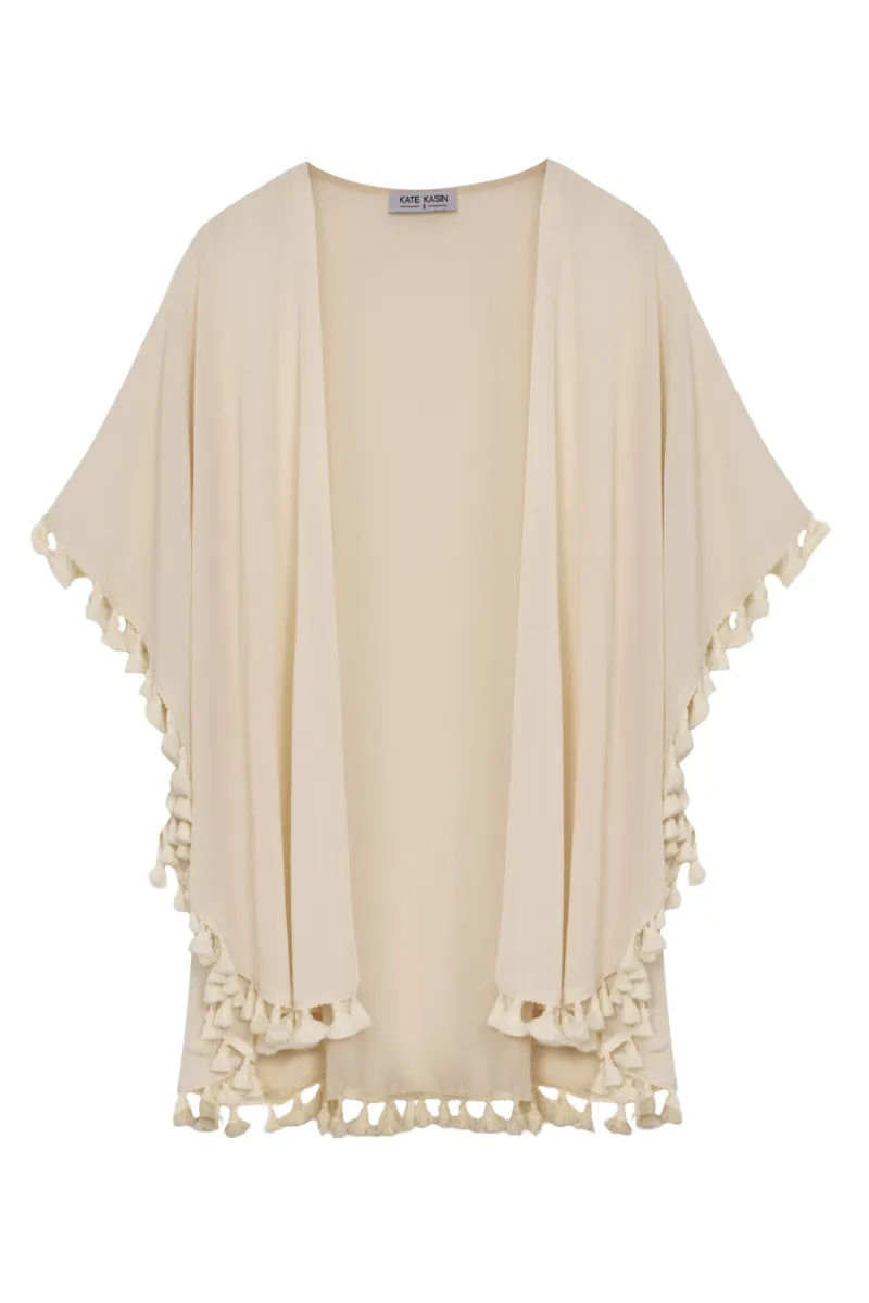 Women Semi See-Through Chiffon Cover-up 3/4 Sleeve Tassel Decorated Tops