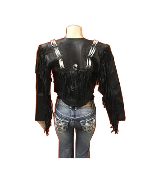 Women's Fringe Bandolero Leather Motorcycle Jacket TS3